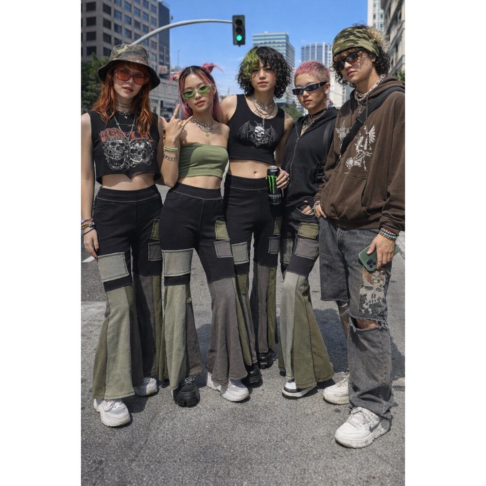 Dolls kill Darker Waves Patchwork Pants Raver goth punk grunge XL Waffle Stretch